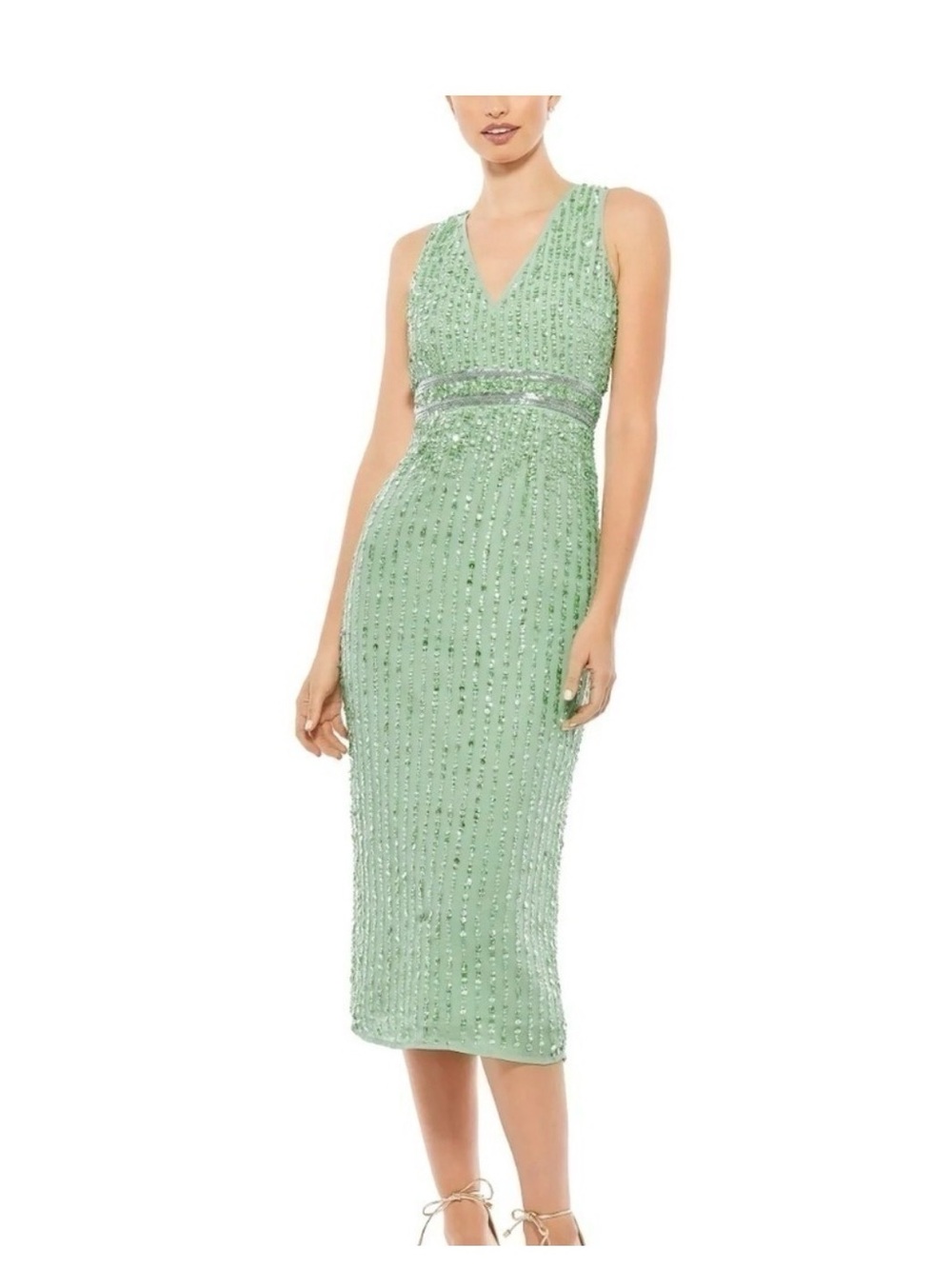 NWT Mac Duggal 70267 Mint Sage Green Beaded V-Neck Midi Dress FLAW Size 10